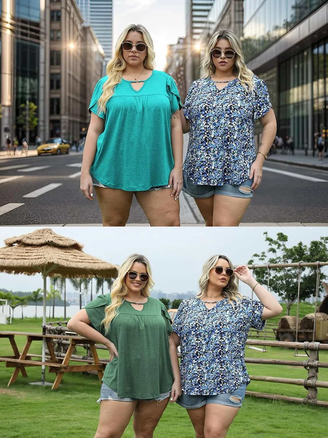 VISLILY Womens-Plus-Size-Summer-Tops Chic Keyhole V Neck T Shirts Cute Petal Short Sleeve Blouses Flowy Pleated Tunics XL-5XL