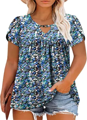 VISLILY Womens-Plus-Size-Summer-Tops Chic Keyhole V Neck T Shirts Cute Petal Short Sleeve Blouses Flowy Pleated Tunics XL-5XL