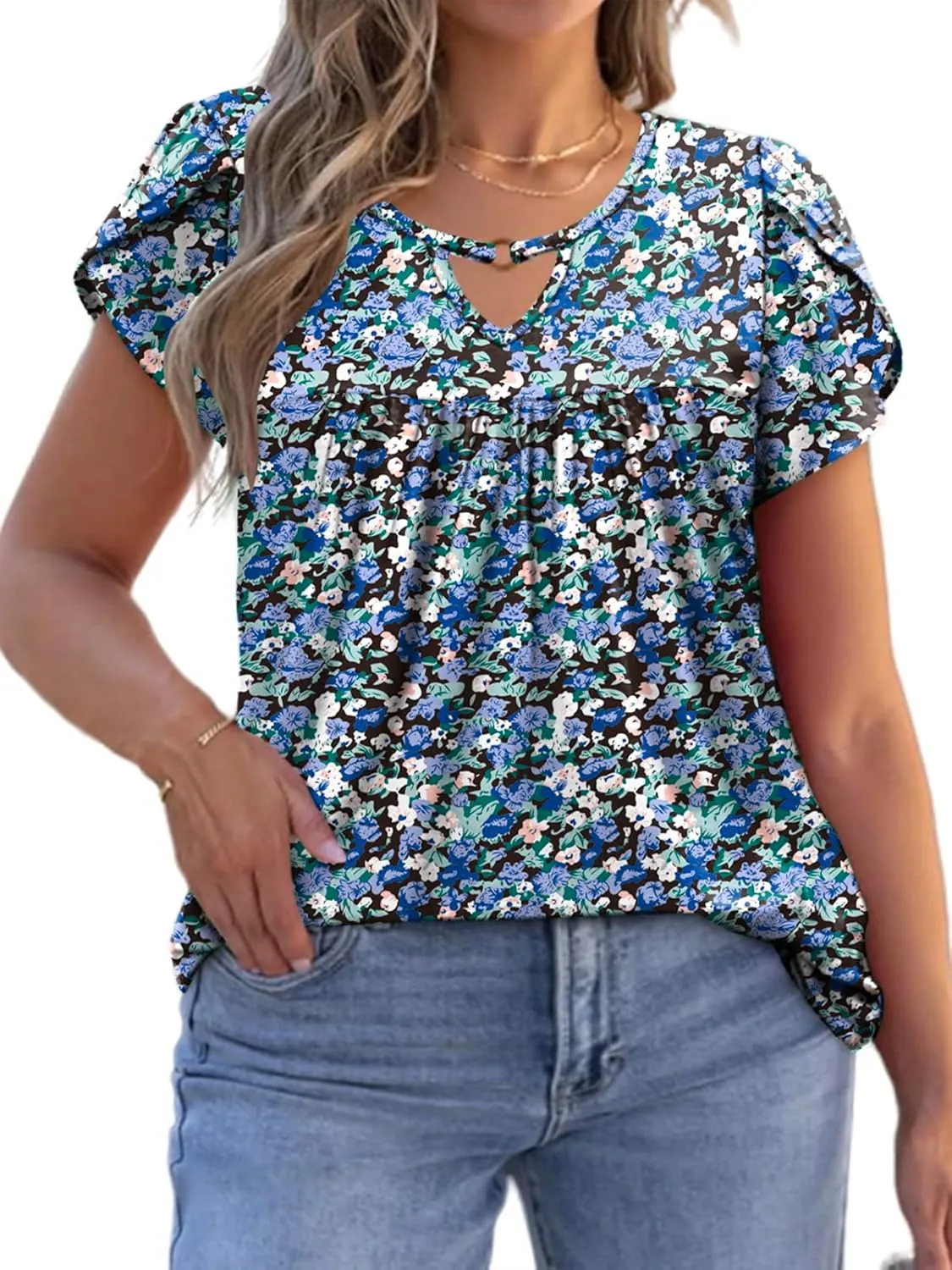 VISLILY Womens-Plus-Size-Summer-Tops Chic Keyhole V Neck T Shirts Cute Petal Short Sleeve Blouses Flowy Pleated Tunics XL-5XL