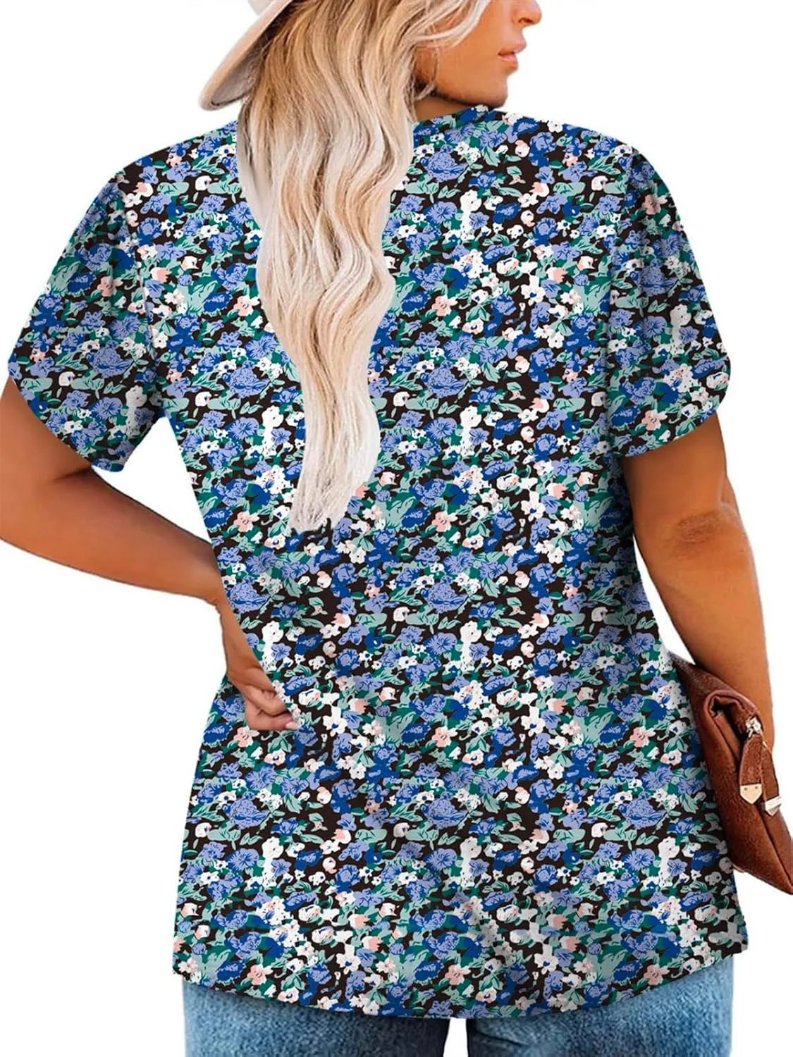 VISLILY Womens-Plus-Size-Summer-Tops Chic Keyhole V Neck T Shirts Cute Petal Short Sleeve Blouses Flowy Pleated Tunics XL-5XL