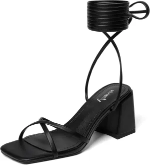 vivianly Women's Lace Up Chunky Heel Sandals Strappy Straps Ankle Wrap Heels