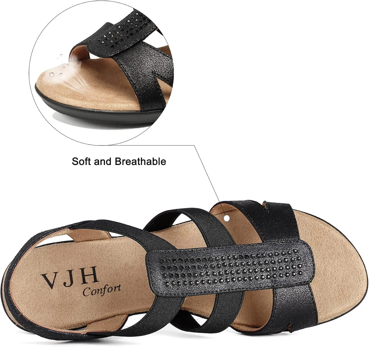 VJH confort Women's Comfort Flat Sandals Summer,with Rhinestone Open Toe Elastic Slip On Slingback Casual Walking Low Heele Sandals