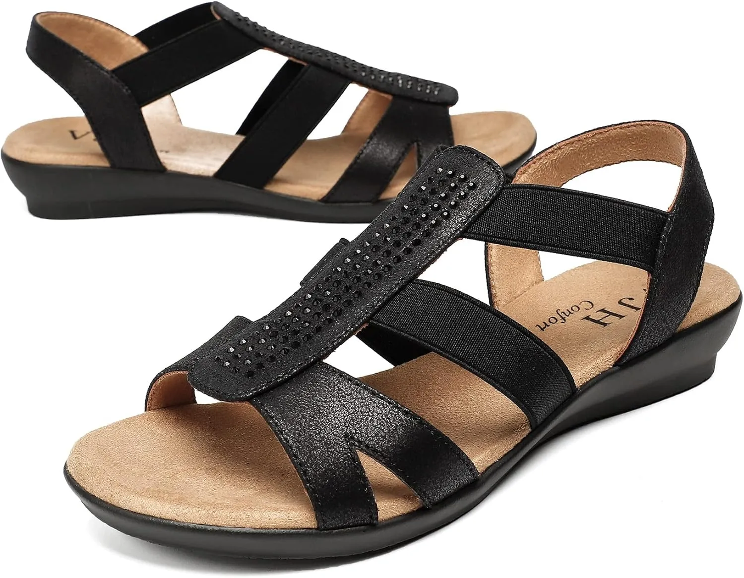 VJH confort Women's Comfort Flat Sandals Summer,with Rhinestone Open Toe Elastic Slip On Slingback Casual Walking Low Heele Sandals