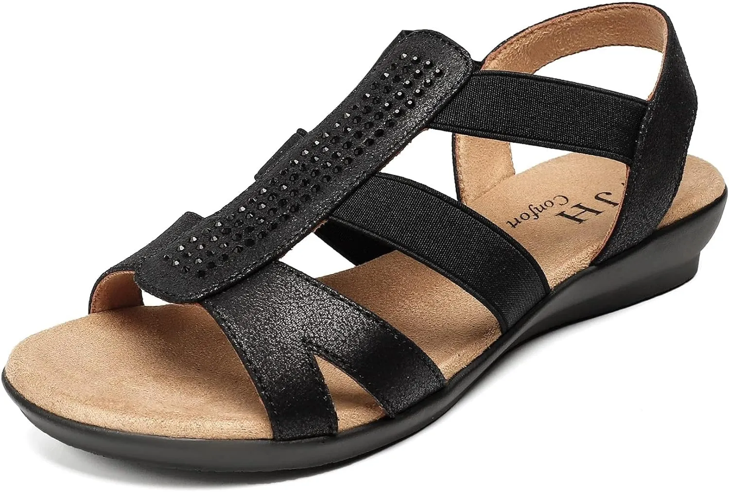 VJH confort Women's Comfort Flat Sandals Summer,with Rhinestone Open Toe Elastic Slip On Slingback Casual Walking Low Heele Sandals