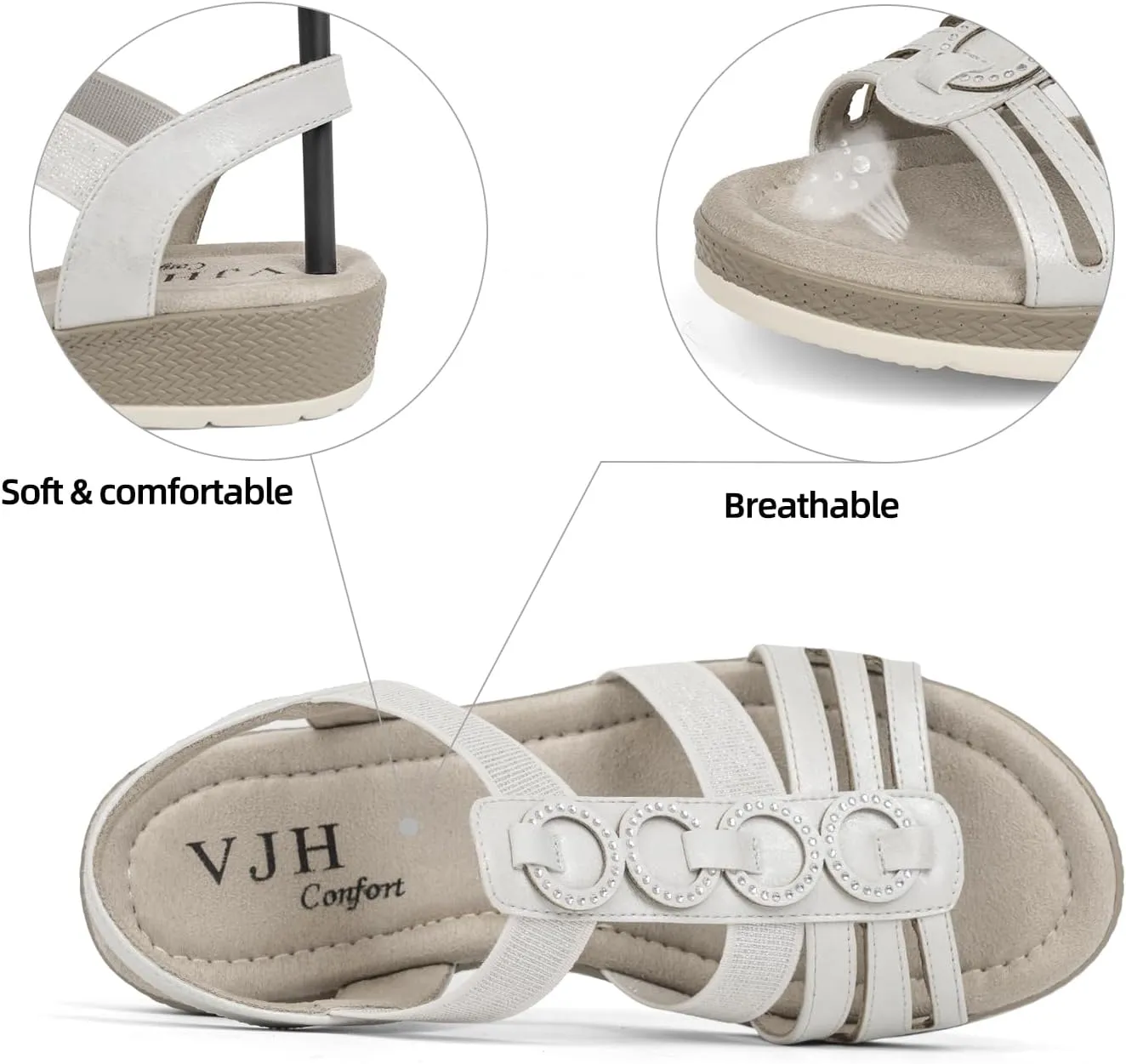 VJH confort Women’s Flat Sandals Comfortable Rhinestone Dressy sandals Elastic Open toe Low Wedge Sandals for Summer