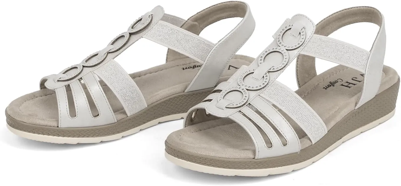 VJH confort Women’s Flat Sandals Comfortable Rhinestone Dressy sandals Elastic Open toe Low Wedge Sandals for Summer
