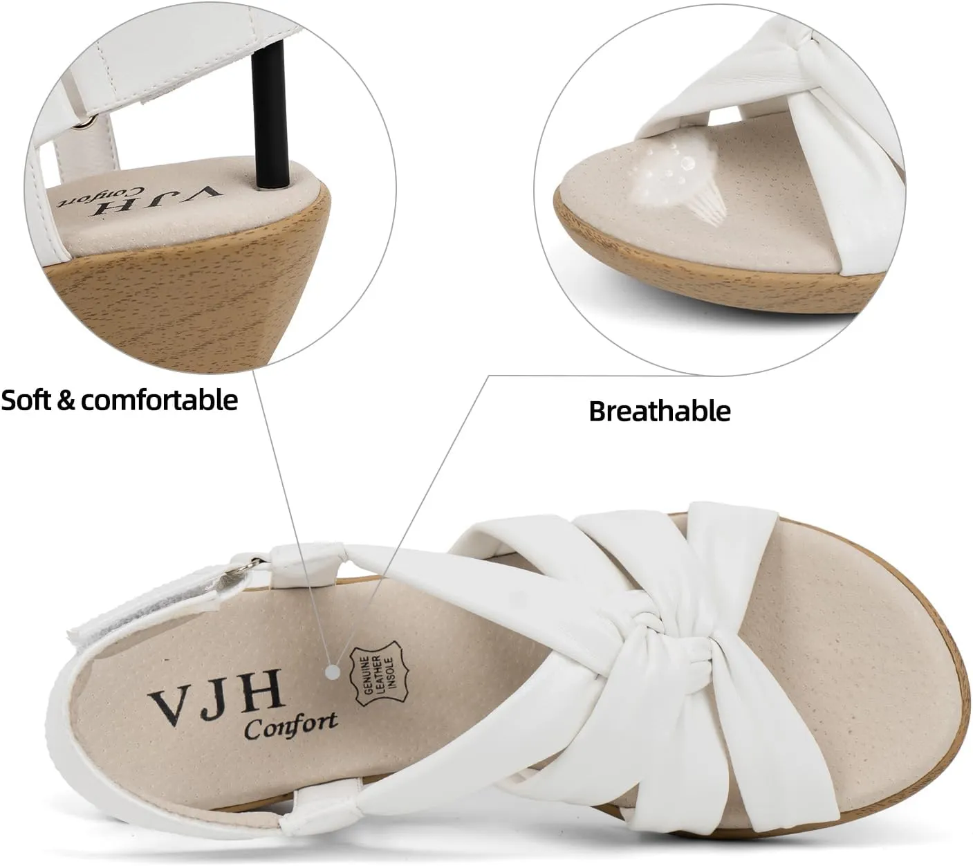 VJH confort Women’s Wedge Sandals, Comfortable Platform Cushioned Insole Strappy Round Toe Casual Wedge Sandals