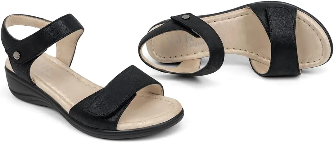 VJH confort Women's Wedge Sandals Low Heel Comfortable Hook-and-Loop Strap Open Toe Platform Summer Shoe
