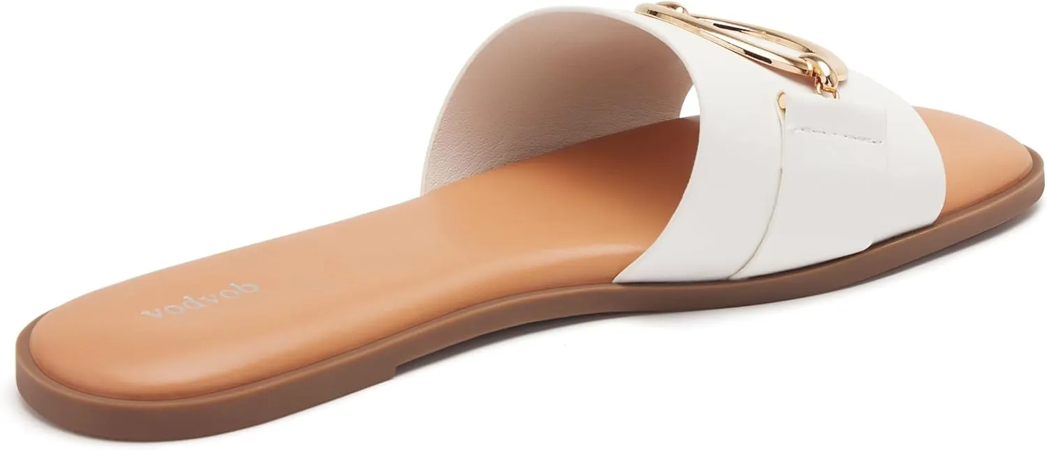 vodvob Women's Flat Sandals Fashion Square Open Toe Metal Chain Summer Dressy Sandals Slip On Casual Slides