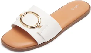 vodvob Women's Flat Sandals Fashion Square Open Toe Metal Chain Summer Dressy Sandals Slip On Casual Slides
