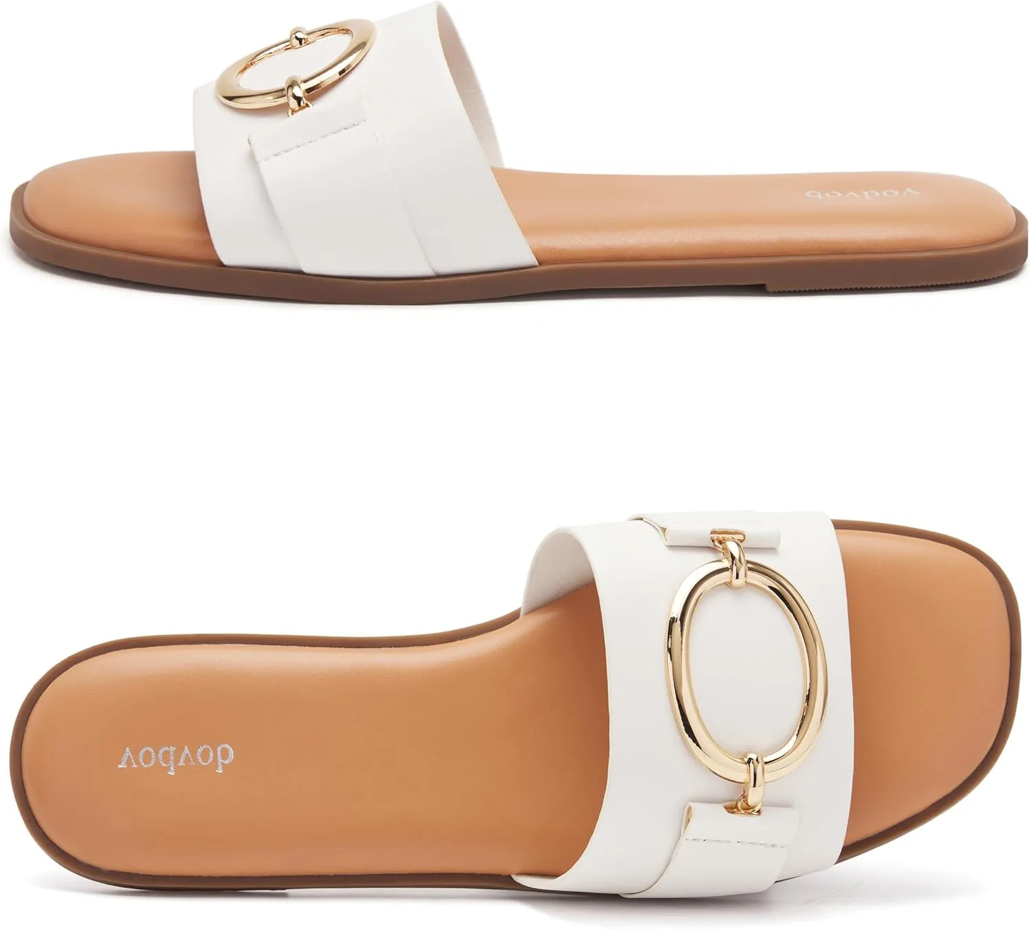 vodvob Women's Flat Sandals Fashion Square Open Toe Metal Chain Summer Dressy Sandals Slip On Casual Slides
