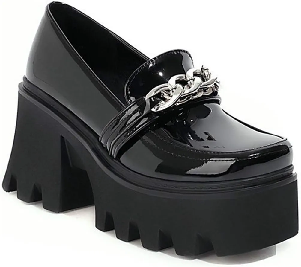 VOKLIN Women's Platform Slip On Penny Loafers Pumps Round Toe Metallic Chunky High Heel Oxfords Dress Shoes