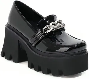 VOKLIN Women's Platform Slip On Penny Loafers Pumps Round Toe Metallic Chunky High Heel Oxfords Dress Shoes