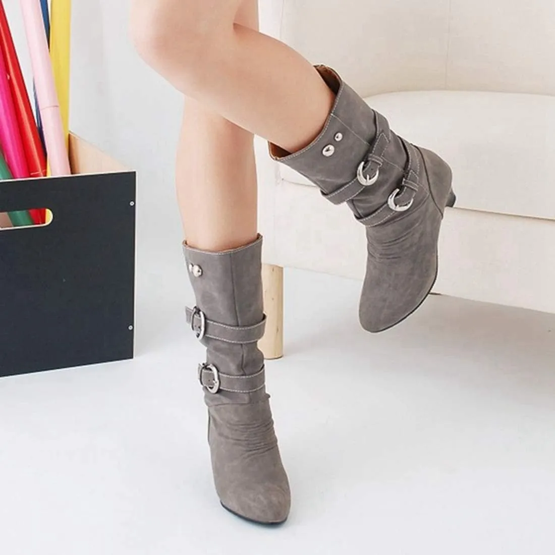 VOKLIN Women's Winter Buckle Mid Wide Calf Boots Round Toe Pull On Kitten Low Heel Warm Width Slouch Boots