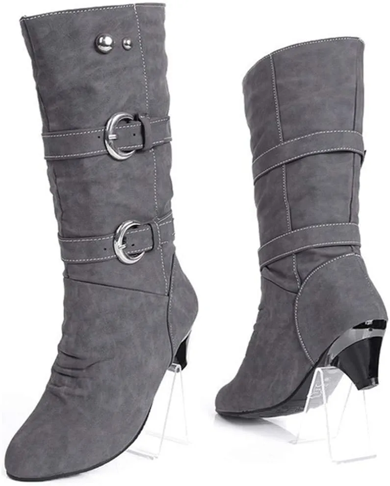 VOKLIN Women's Winter Buckle Mid Wide Calf Boots Round Toe Pull On Kitten Low Heel Warm Width Slouch Boots