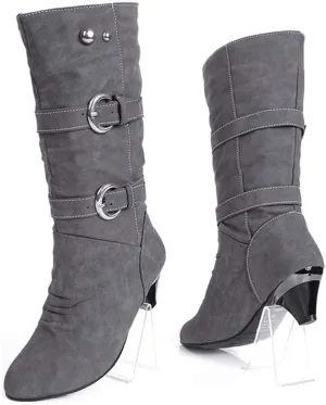 VOKLIN Women's Winter Buckle Mid Wide Calf Boots Round Toe Pull On Kitten Low Heel Warm Width Slouch Boots