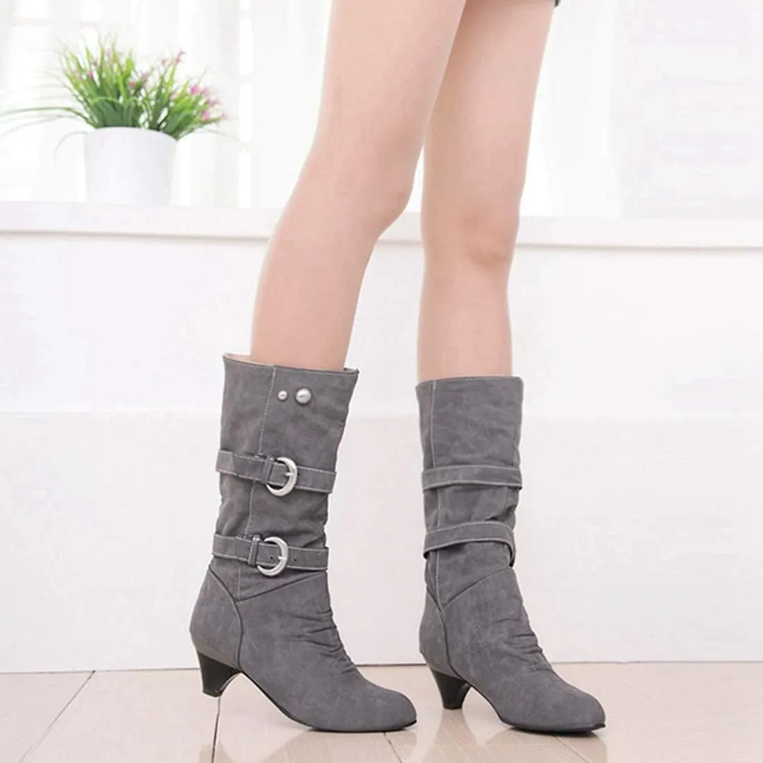 VOKLIN Women's Winter Buckle Mid Wide Calf Boots Round Toe Pull On Kitten Low Heel Warm Width Slouch Boots