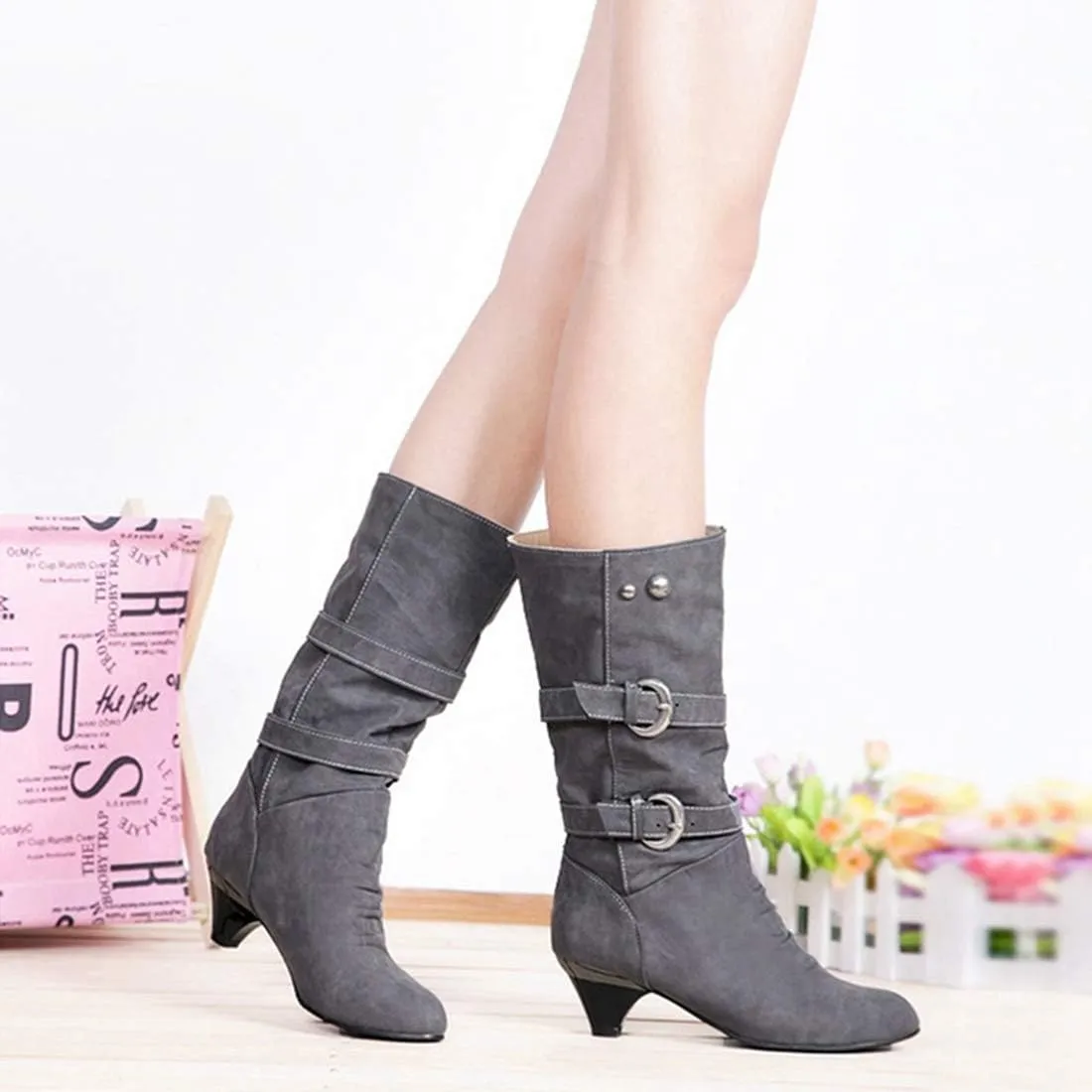 VOKLIN Women's Winter Buckle Mid Wide Calf Boots Round Toe Pull On Kitten Low Heel Warm Width Slouch Boots