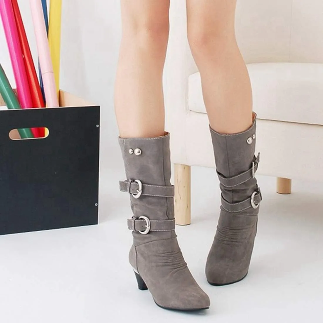 VOKLIN Women's Winter Buckle Mid Wide Calf Boots Round Toe Pull On Kitten Low Heel Warm Width Slouch Boots