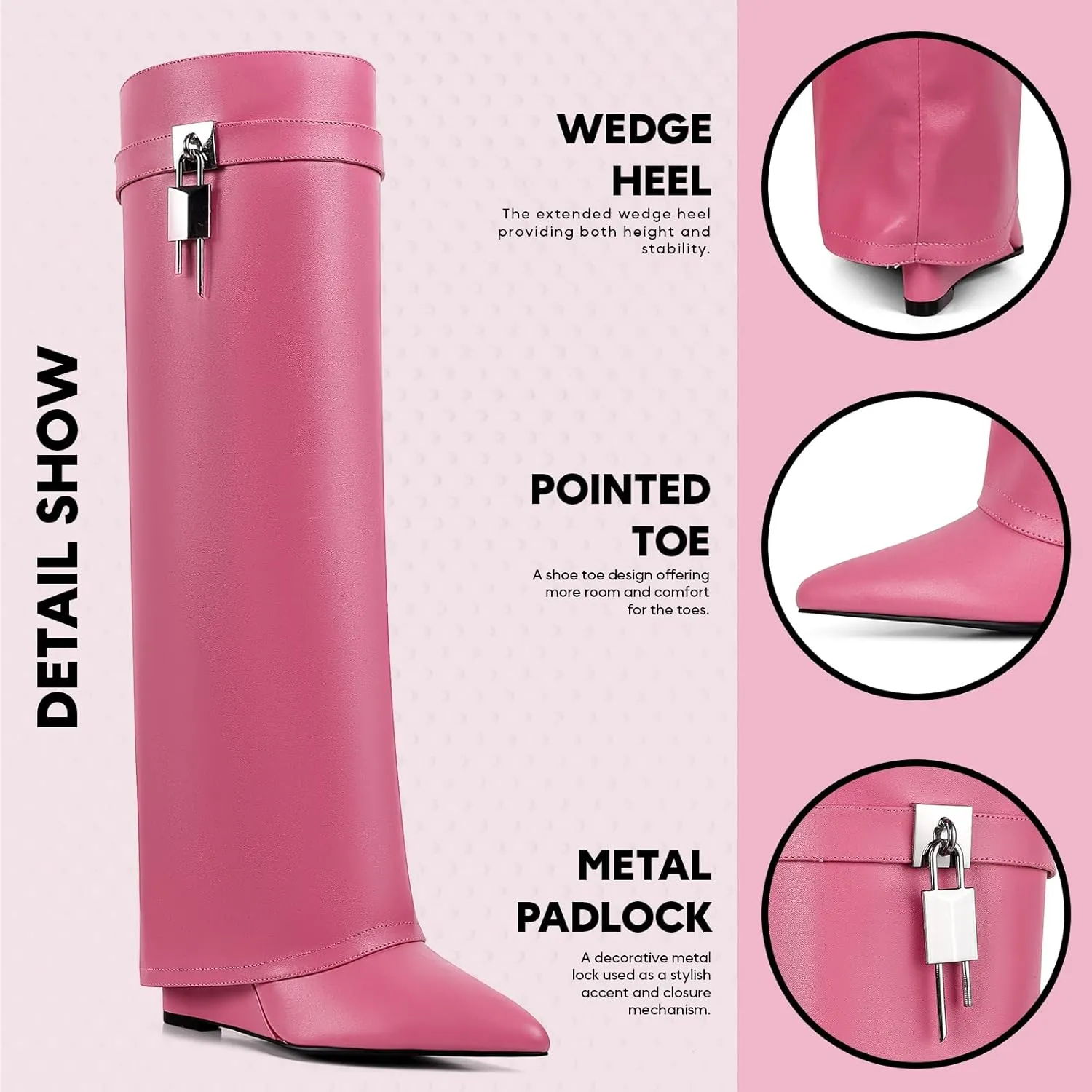 VOMIRA Fold Over Boots for Women Knee High Boots Covered Wedge Heel Almond Toe Padlock Boots Pull-on Wide Calf Boots Black Boots