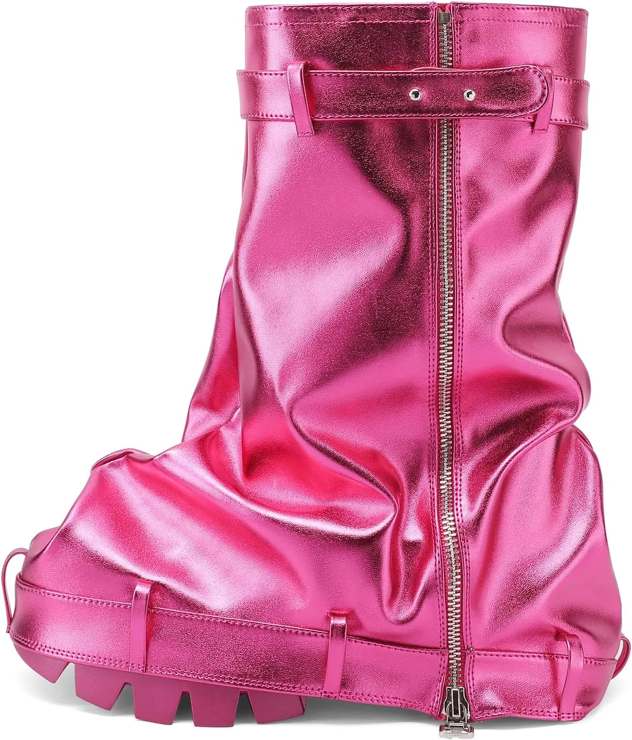 VOMIRA Women's Fold Over Boots Slouchy Boots Wide Calf Pleated Platform Boots Glitter Metallic Silver Boots Chunky Stacked Boots Mid Calf Boots