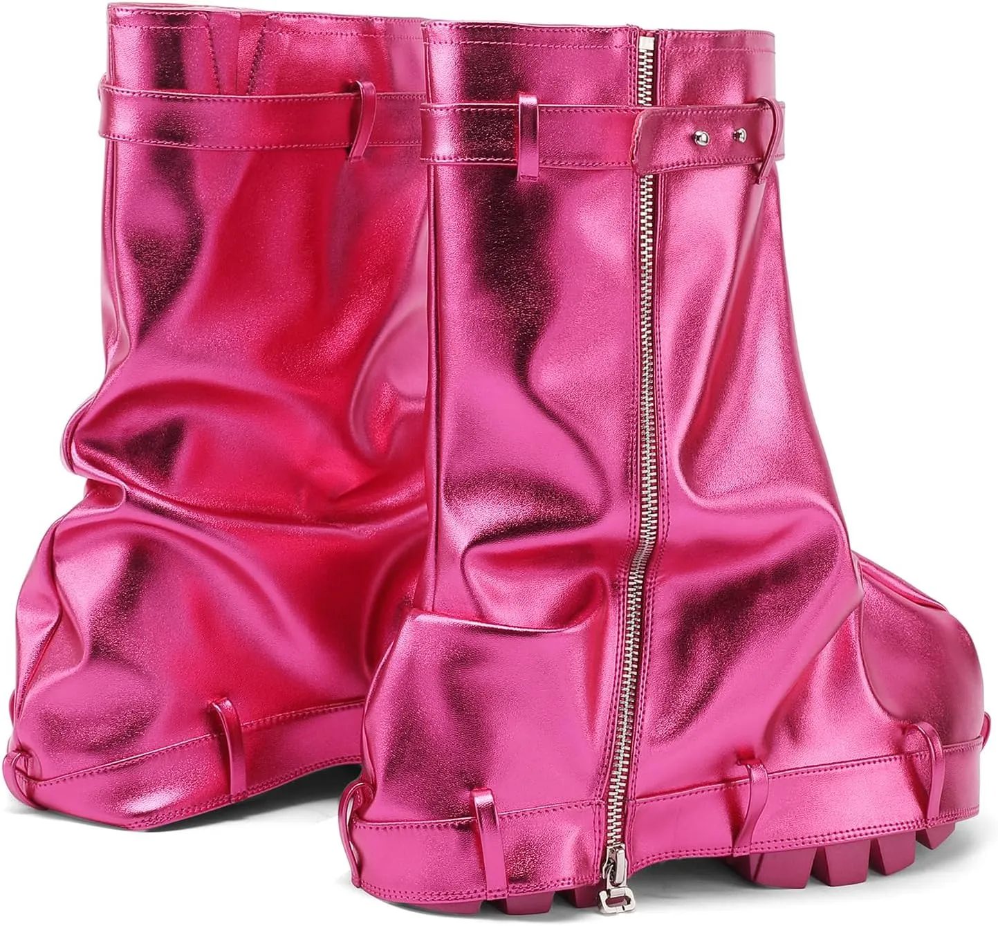 VOMIRA Women's Fold Over Boots Slouchy Boots Wide Calf Pleated Platform Boots Glitter Metallic Silver Boots Chunky Stacked Boots Mid Calf Boots