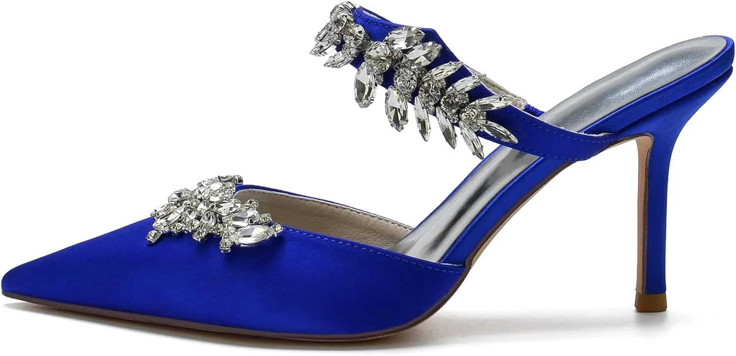VULTRO Women's Rhinestone Heeled Sandals Pointed Toe Stilettos Mules Slip on Wedding Dress Pumps Slippers