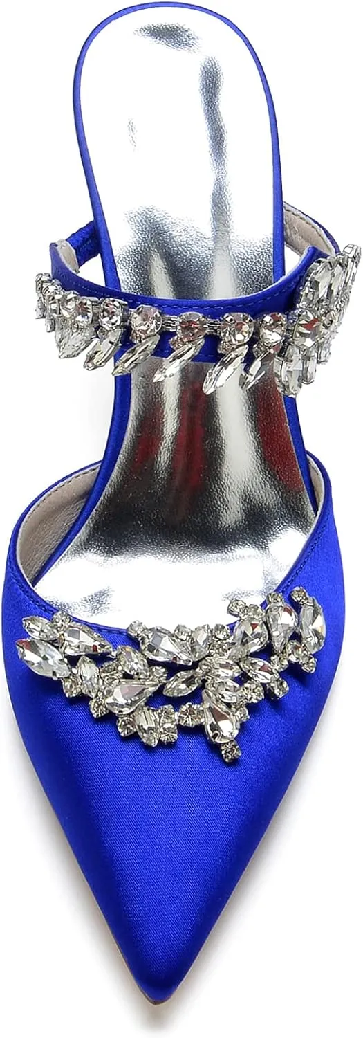 VULTRO Women's Rhinestone Heeled Sandals Pointed Toe Stilettos Mules Slip on Wedding Dress Pumps Slippers