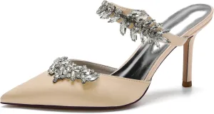 VULTRO Women's Rhinestone Heeled Sandals Pointed Toe Stilettos Mules Slip on Wedding Dress Pumps Slippers