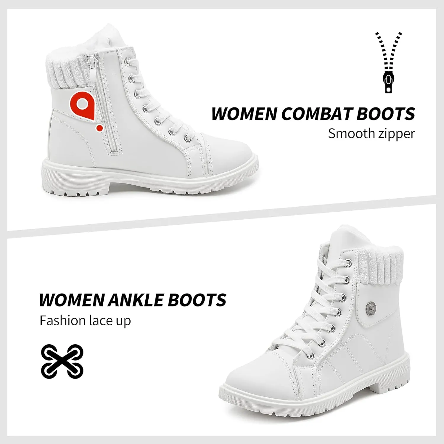 Waluzs Women's White & Black Ankle Combat Boots - Fuzzy Lace Up Snow Boots For Winter