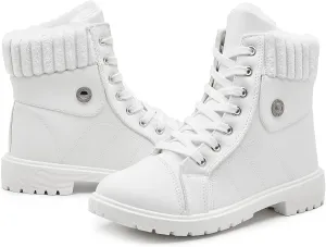 Waluzs Women's White & Black Ankle Combat Boots - Fuzzy Lace Up Snow Boots For Winter