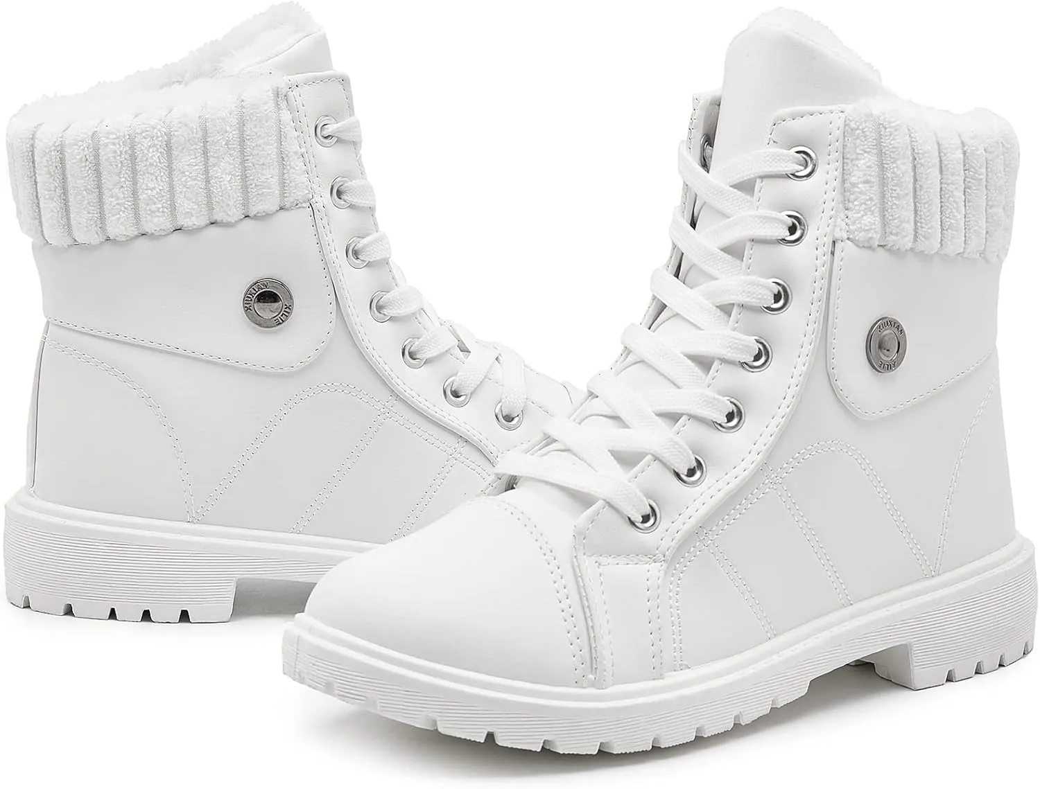Waluzs Women's White & Black Ankle Combat Boots - Fuzzy Lace Up Snow Boots For Winter