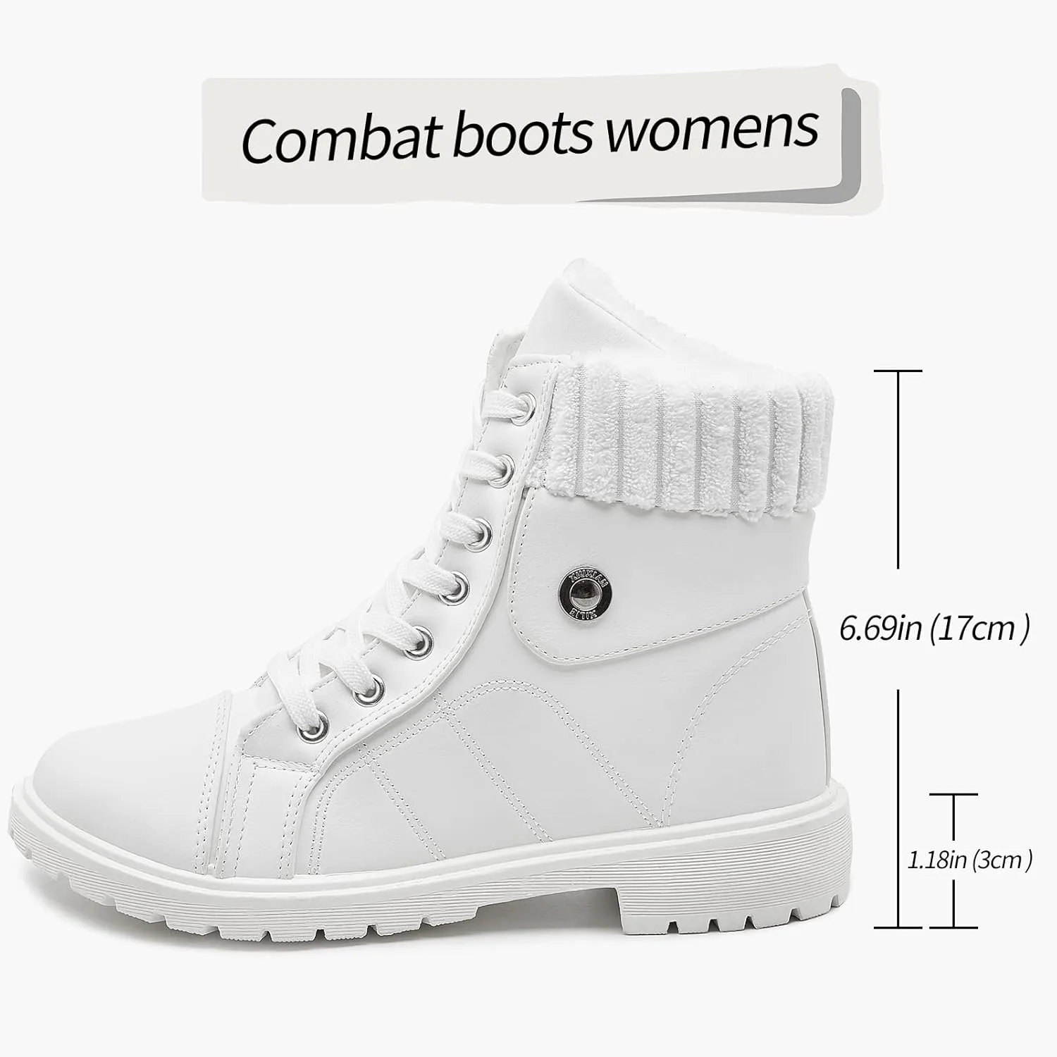 Waluzs Women's White & Black Ankle Combat Boots - Fuzzy Lace Up Snow Boots For Winter