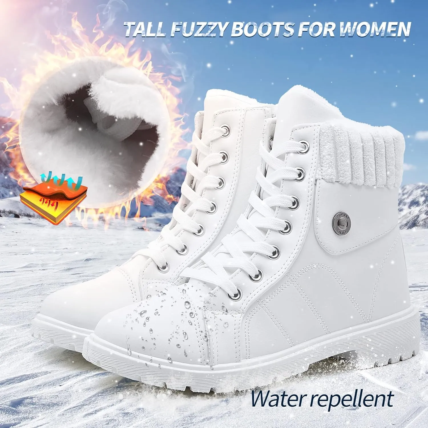 Waluzs Women's White & Black Ankle Combat Boots - Fuzzy Lace Up Snow Boots For Winter