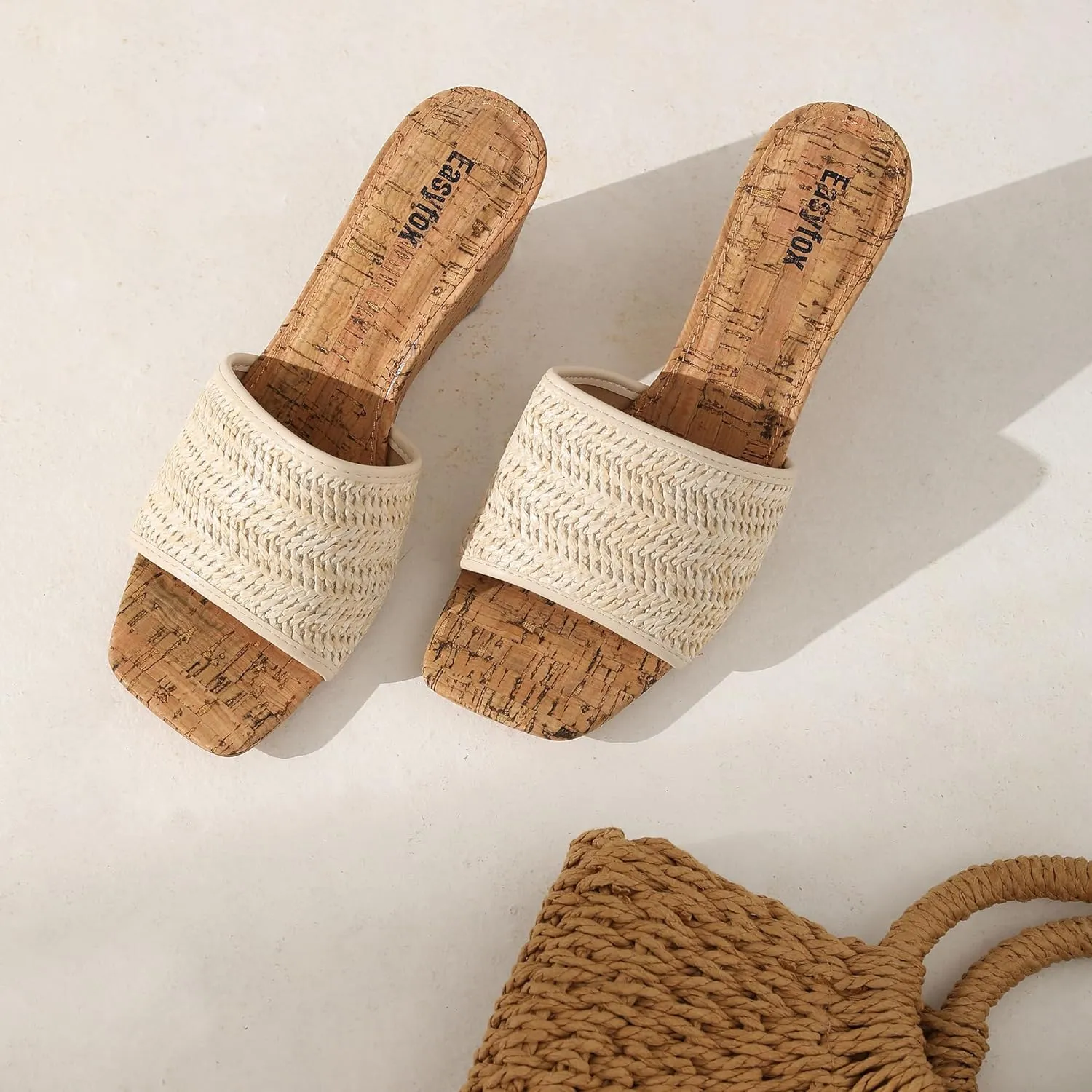 Wedge Sandals for Women Open Toe Wedge Heels Womens High Heel Sandal Square Toe Heeled Wedge Sandals Wood Grain Slip on Wedge Mules