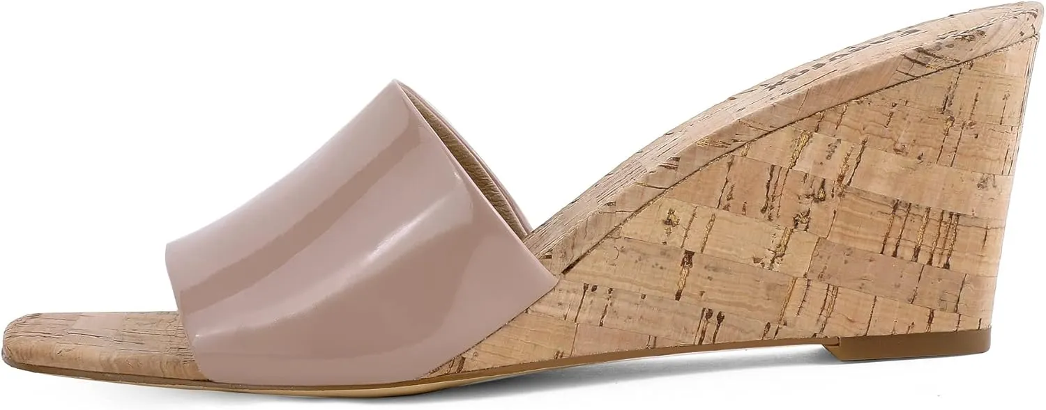 Wedge Sandals for Women Open Toe Wedge Heels Womens High Heel Sandal Square Toe Heeled Wedge Sandals Wood Grain Slip on Wedge Mules