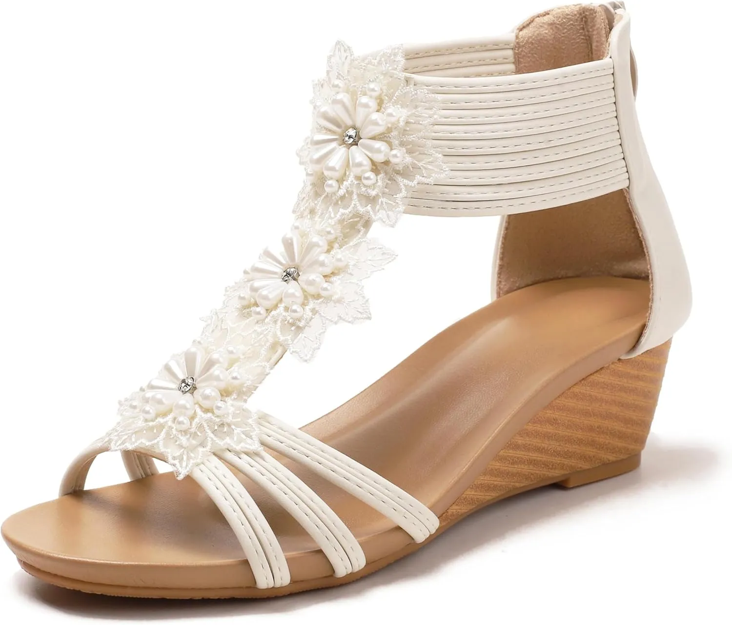 Wedge Sandals for Women Summer Open Toe Fashion Dress Shoes Flower Rhinestone Casual Ankle Strap Platform for Walking Beach Vacation Comfortable Dressy Sandals