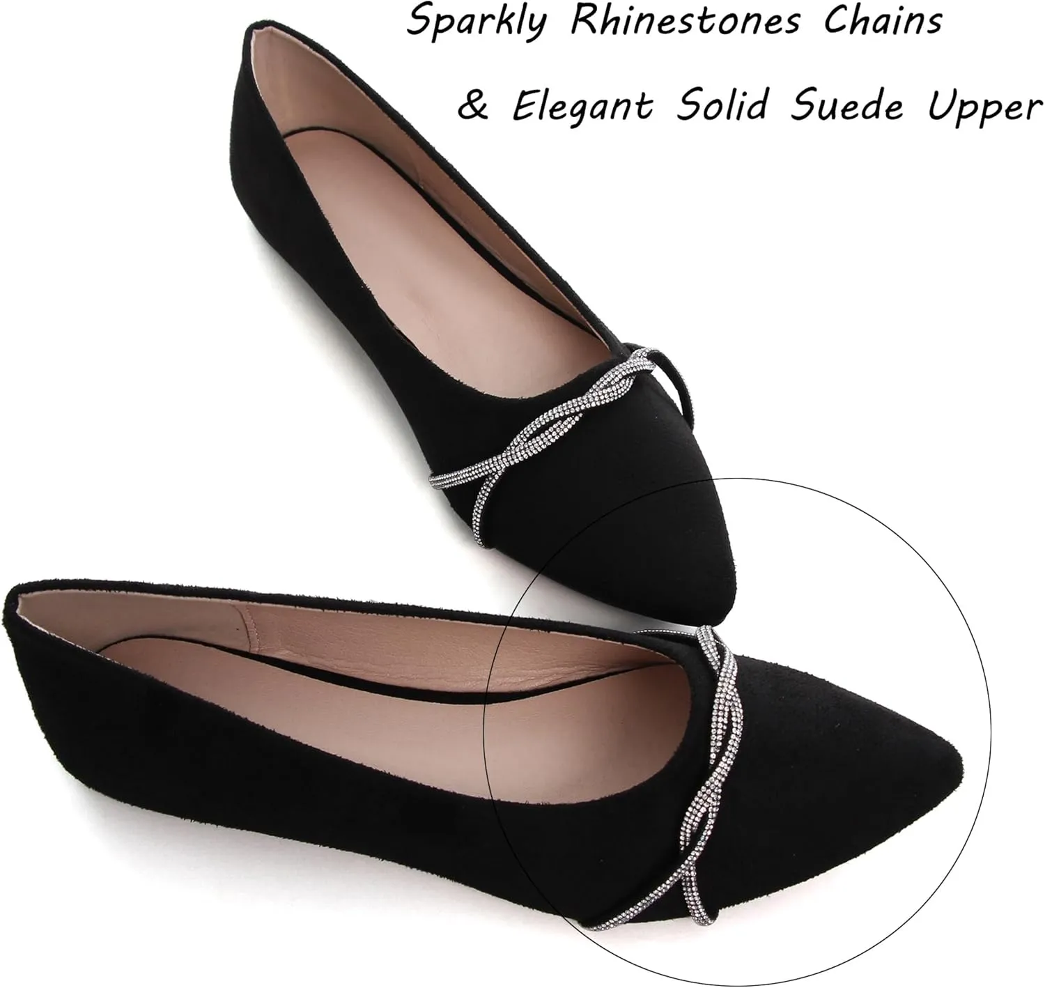 WENJIAZHIZHI Womens Ballet Flats Shoes Black Chains Slip-On Loafers Flat Dress Shoes for Women Dressy Comfortable Pointed Toe