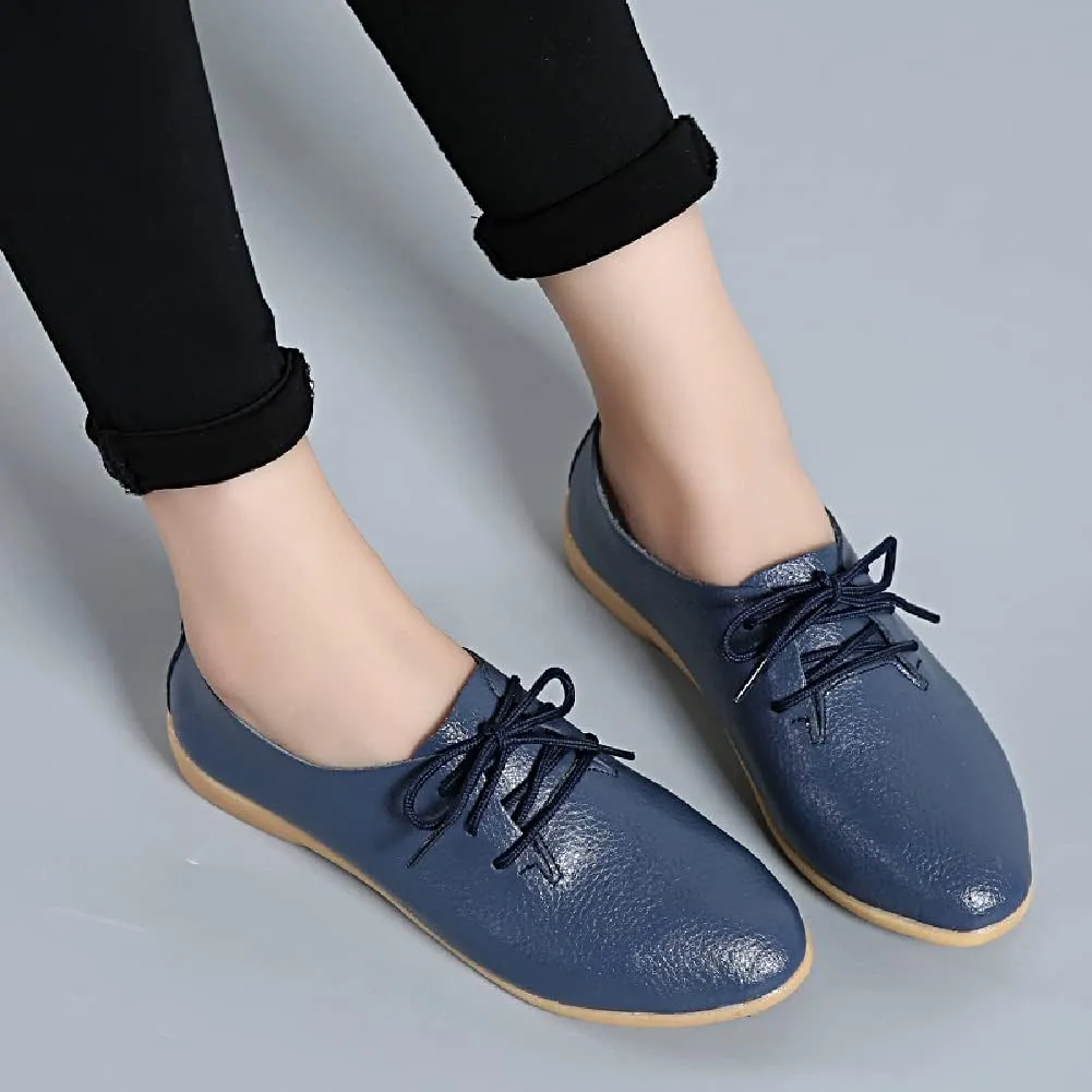 WERWAES Casual Leather Womens Loafers Lightweight Round Toe Lace Up Slip on Penny Flats Walking Outdoor Driving Moccasins Ladies Loafers
