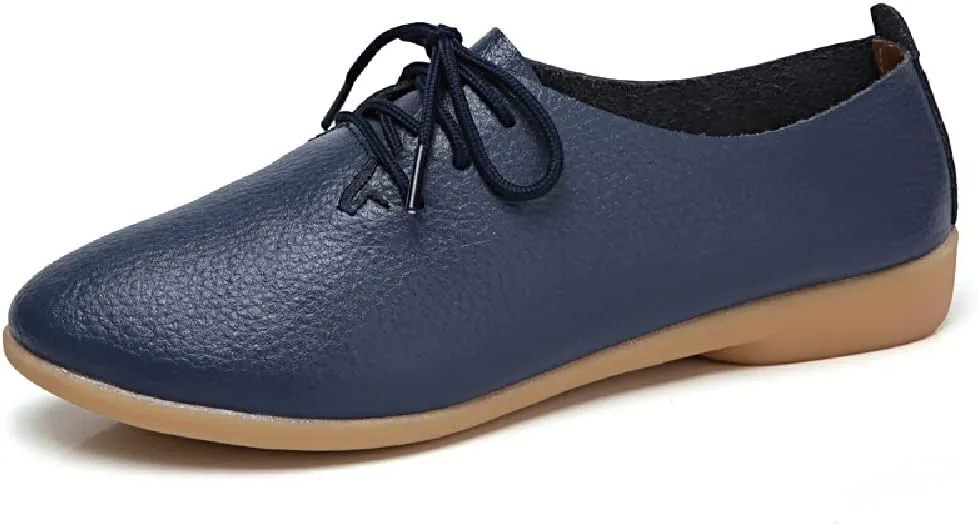WERWAES Casual Leather Womens Loafers Lightweight Round Toe Lace Up Slip on Penny Flats Walking Outdoor Driving Moccasins Ladies Loafers