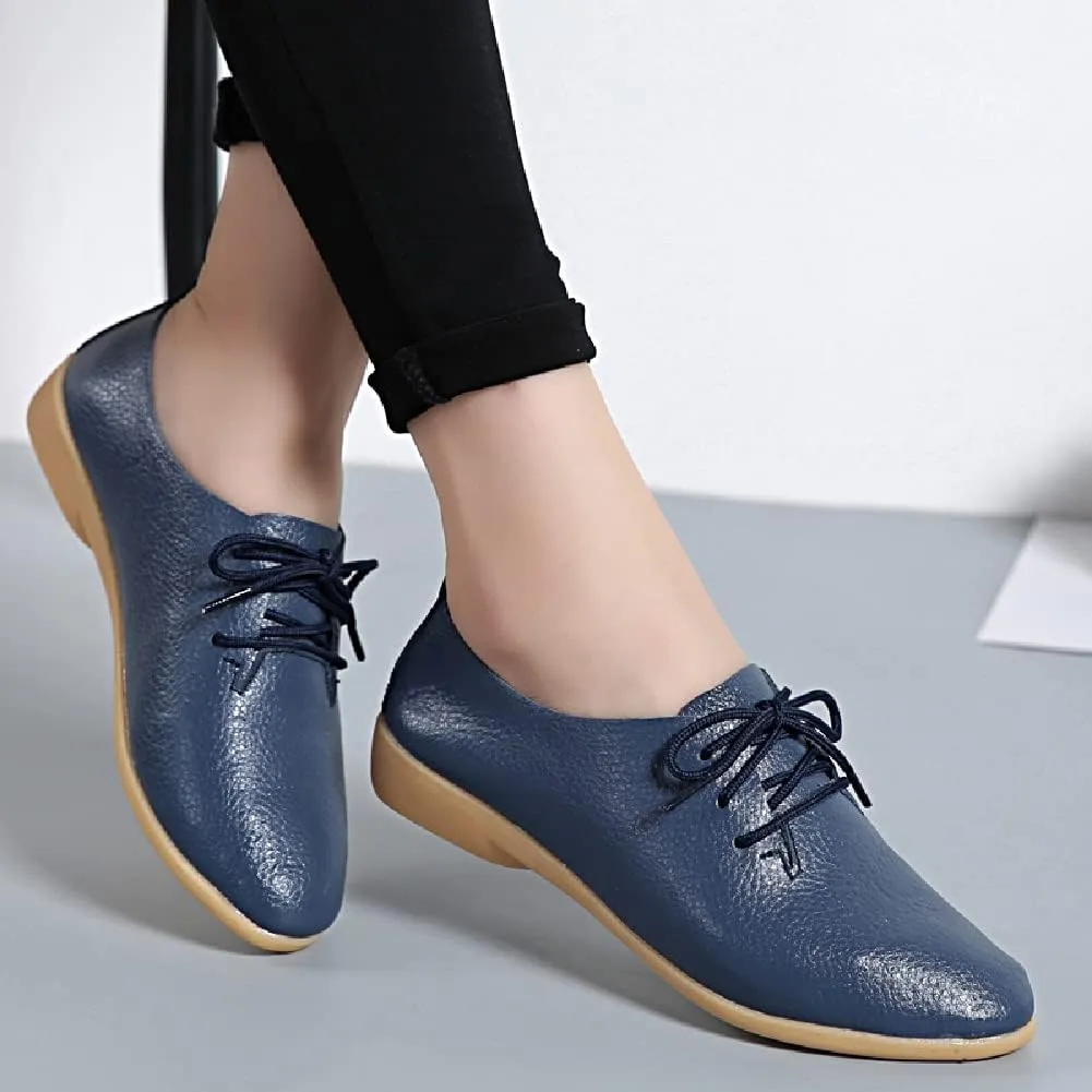WERWAES Casual Leather Womens Loafers Lightweight Round Toe Lace Up Slip on Penny Flats Walking Outdoor Driving Moccasins Ladies Loafers