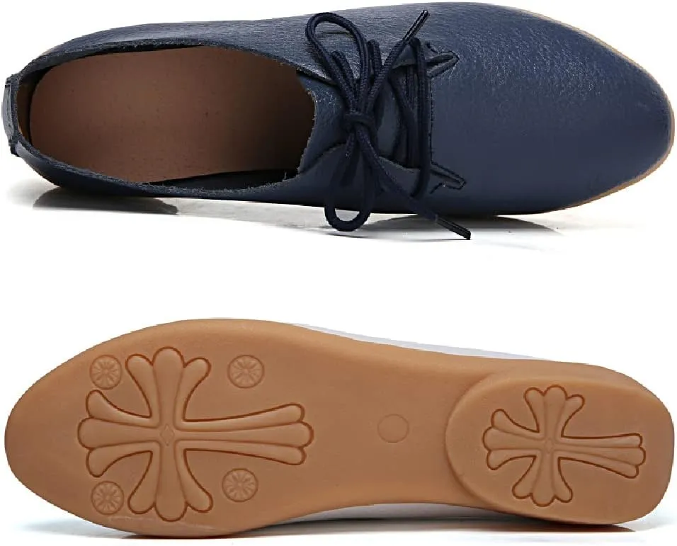 WERWAES Casual Leather Womens Loafers Lightweight Round Toe Lace Up Slip on Penny Flats Walking Outdoor Driving Moccasins Ladies Loafers