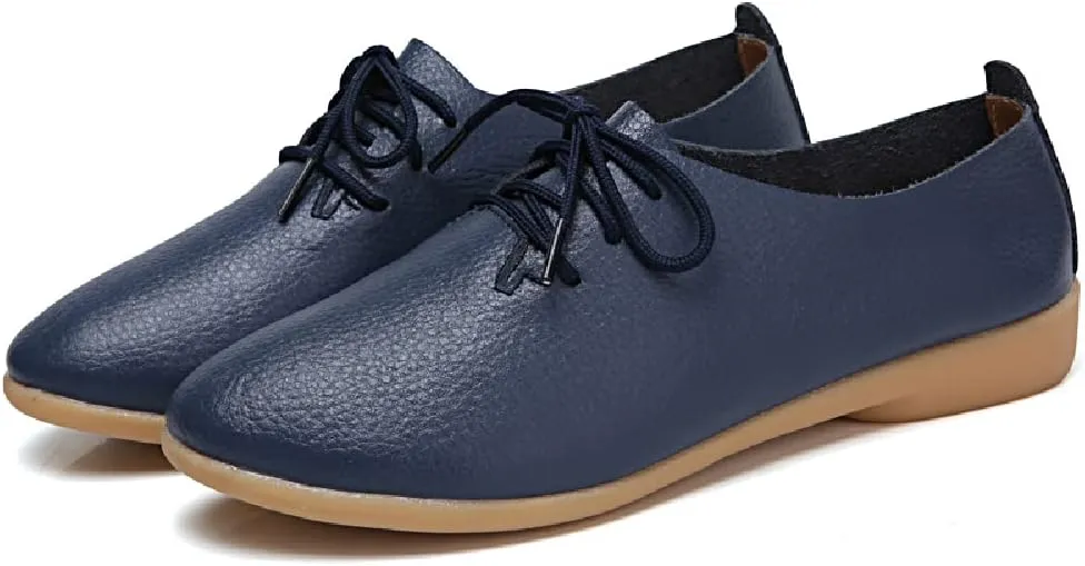 WERWAES Casual Leather Womens Loafers Lightweight Round Toe Lace Up Slip on Penny Flats Walking Outdoor Driving Moccasins Ladies Loafers