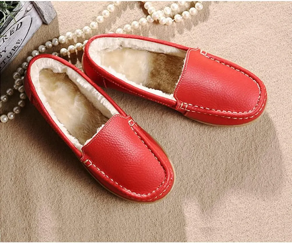 WERWAES Casual Womens Loafers Shoes Slip on Winter Flat Comfortable Warm Cloth Leather Non-slip Moccasins Loafer Shoes for Indoor and Outdoor