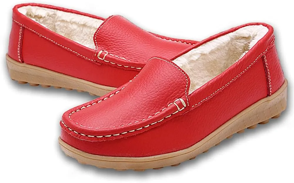 WERWAES Casual Womens Loafers Shoes Slip on Winter Flat Comfortable Warm Cloth Leather Non-slip Moccasins Loafer Shoes for Indoor and Outdoor