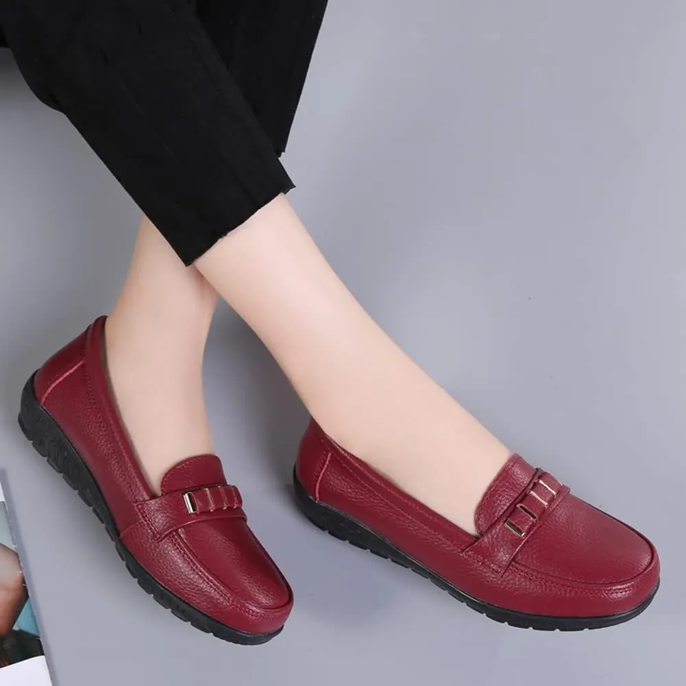 WERWAES Classic Leather Loafers for Womens Casual Lightweight Non-slip Moccasins Flats Office Driving Walking Slip on Ladies Loafers Shoes