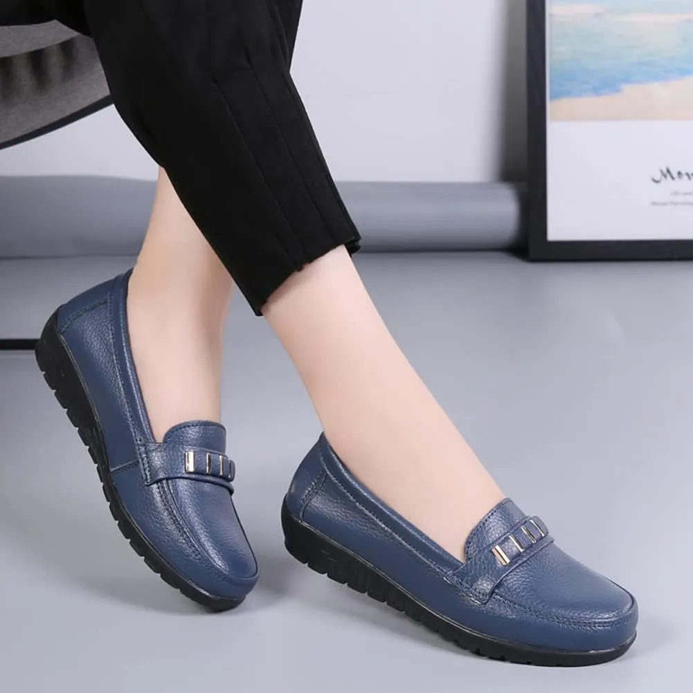 WERWAES Classic Leather Loafers for Womens Casual Lightweight Non-slip Moccasins Flats Office Driving Walking Slip on Ladies Loafers Shoes
