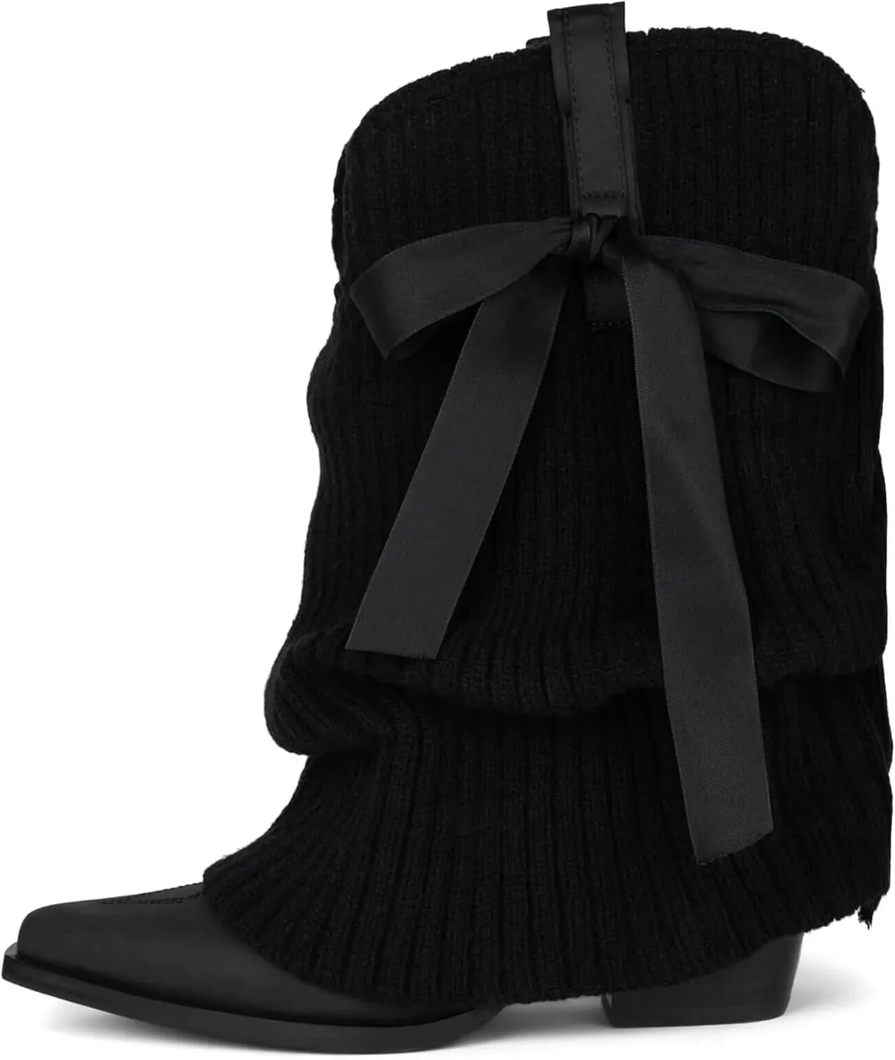 Western Ankle Boots For Women Knitted Fold Over Cowgirl Booties Pointed Toe Cowboy Booties Pull On Chunky Heel Boot Country Concert Trendy Heeled Shoes