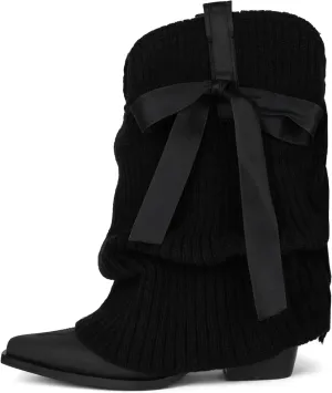 Western Ankle Boots For Women Knitted Fold Over Cowgirl Booties Pointed Toe Cowboy Booties Pull On Chunky Heel Boot Country Concert Trendy Heeled Shoes