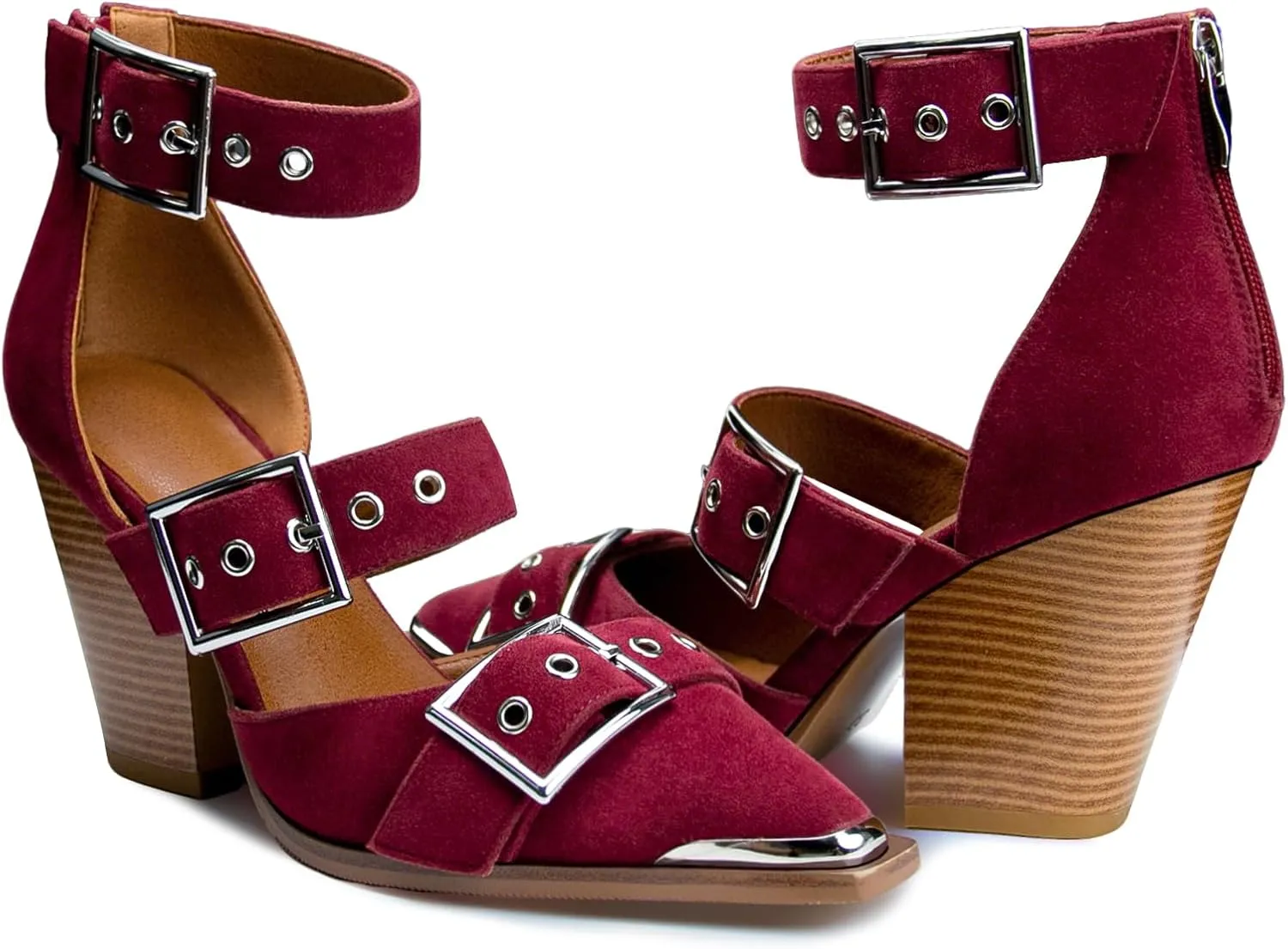 Western Sandals for Women Chunky Heel Pointed Toe Pumps Metal Buckle Strappy Western Comfortable Bridal Shoes